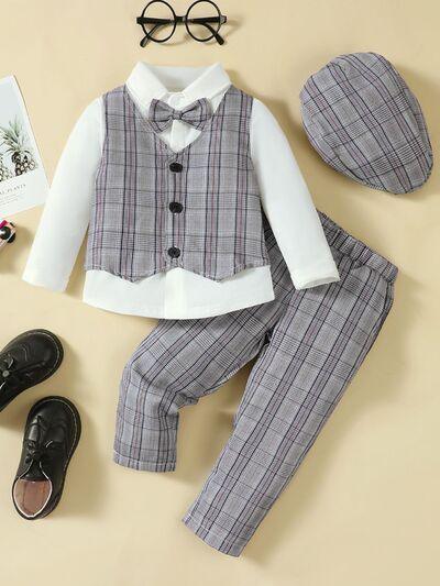 Hat, Long Sleeve Shirt, Plaid Vest and Pants 4-Piece Set - Clothes For Her Online Store