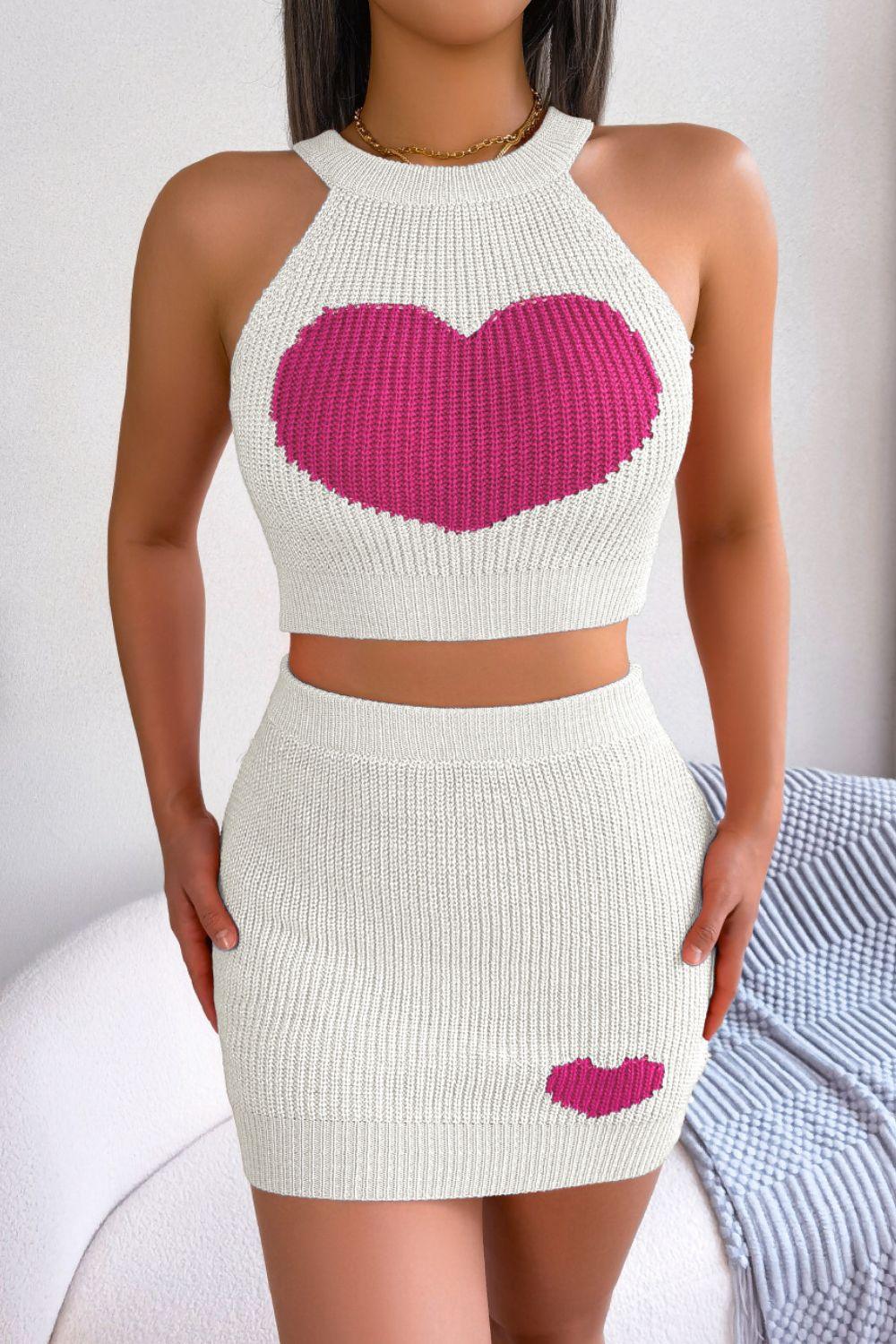 Heart Contrast Ribbed Sleeveless Knit Top and Skirt Set - Clothes For Her Online Store