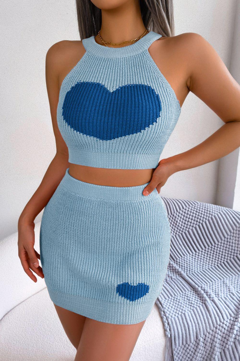 Heart Contrast Ribbed Sleeveless Knit Top and Skirt Set - Clothes For Her Online Store