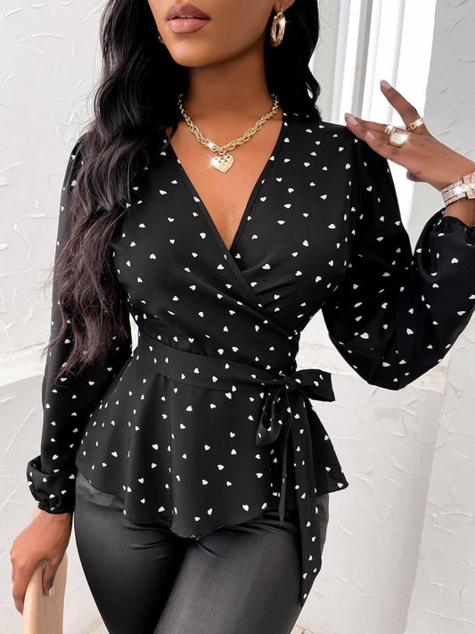 Heart Print Surplice Balloon Sleeve Blouse - Clothes For Her Online Store