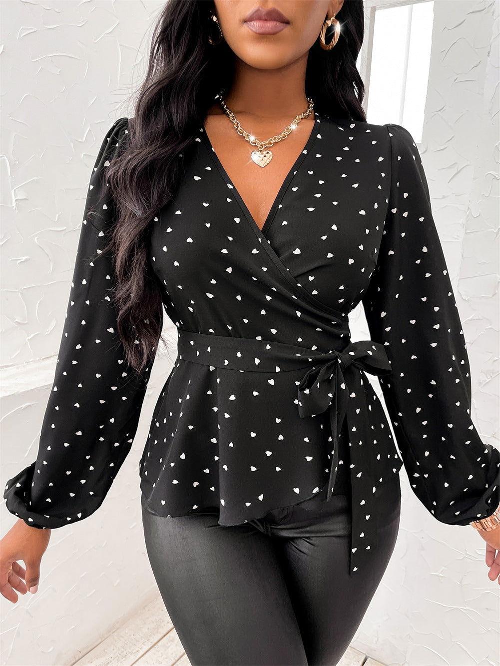 Heart Print Surplice Balloon Sleeve Blouse - Clothes For Her Online Store