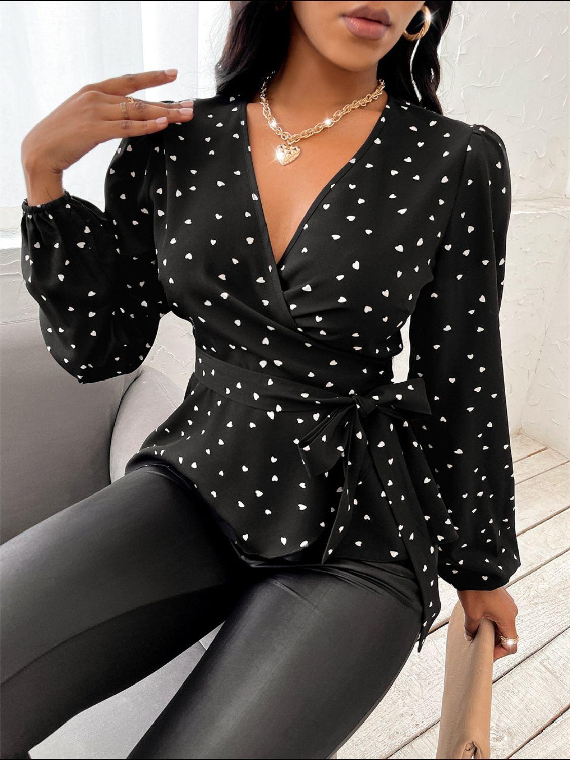 Heart Print Surplice Balloon Sleeve Blouse - Clothes For Her Online Store