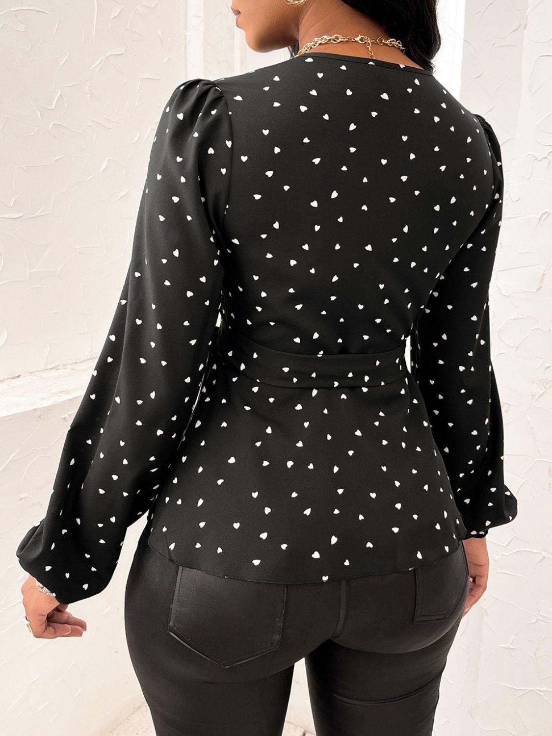 Heart Print Surplice Balloon Sleeve Blouse - Clothes For Her Online Store