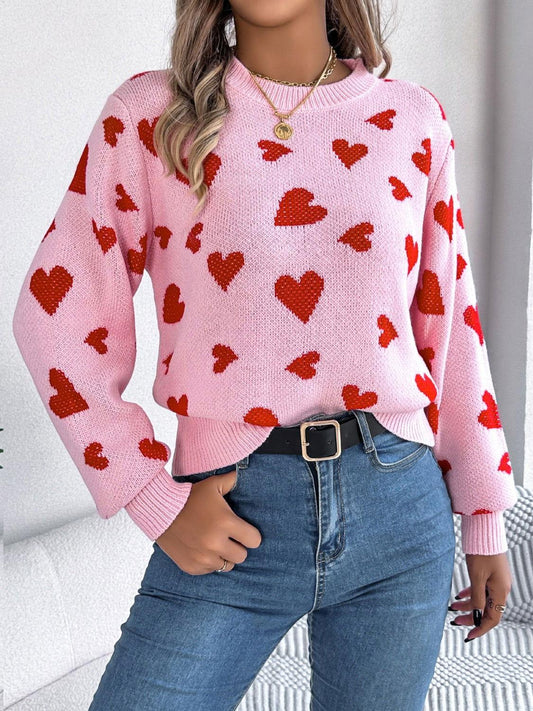 Heart Round Neck Long Sleeve Sweater - Clothes For Her Online Store