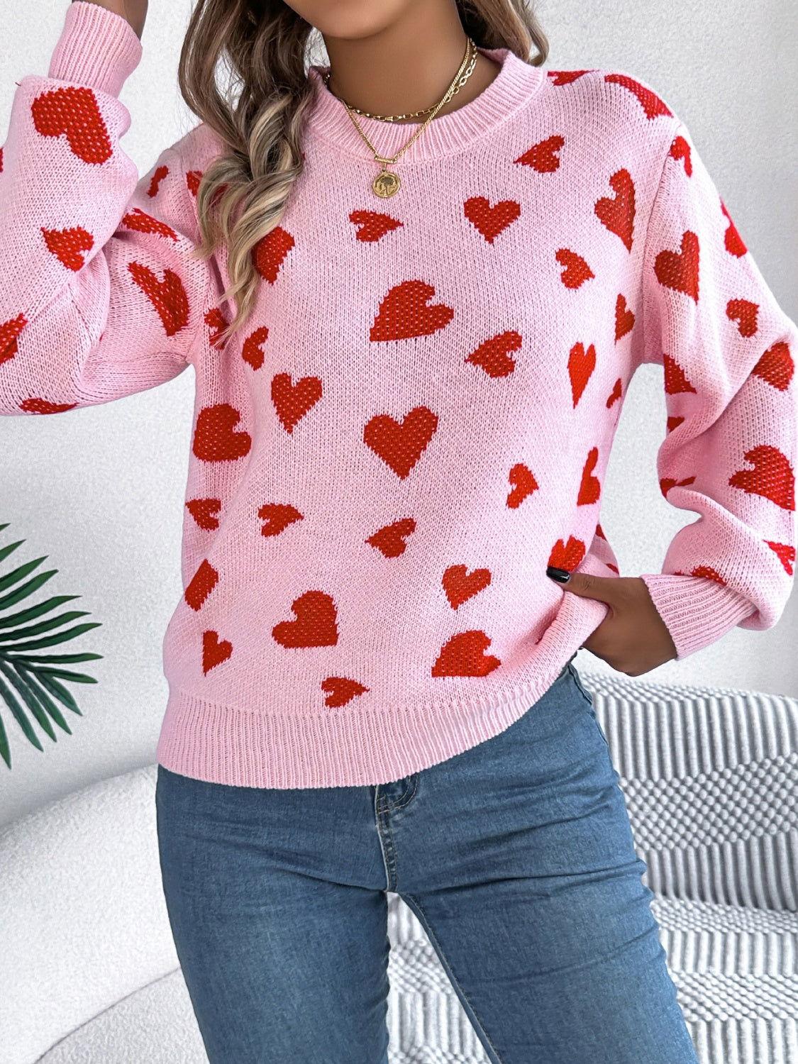 Heart Round Neck Long Sleeve Sweater - Clothes For Her Online Store