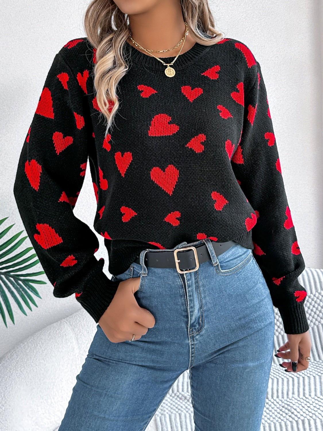 Heart Round Neck Long Sleeve Sweater - Clothes For Her Online Store