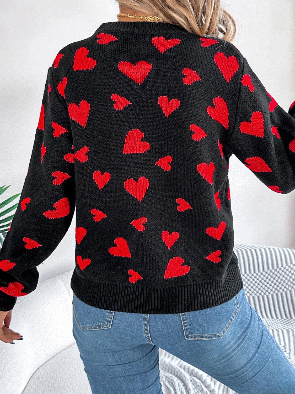 Heart Round Neck Long Sleeve Sweater - Clothes For Her Online Store