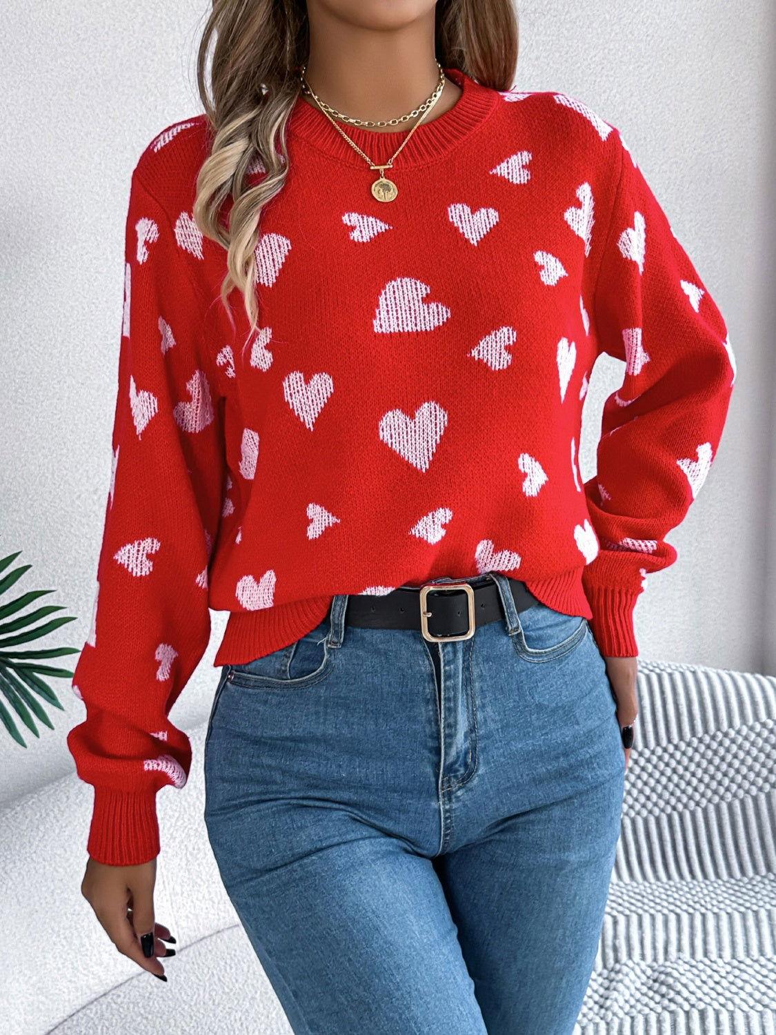 Heart Round Neck Long Sleeve Sweater - Clothes For Her Online Store