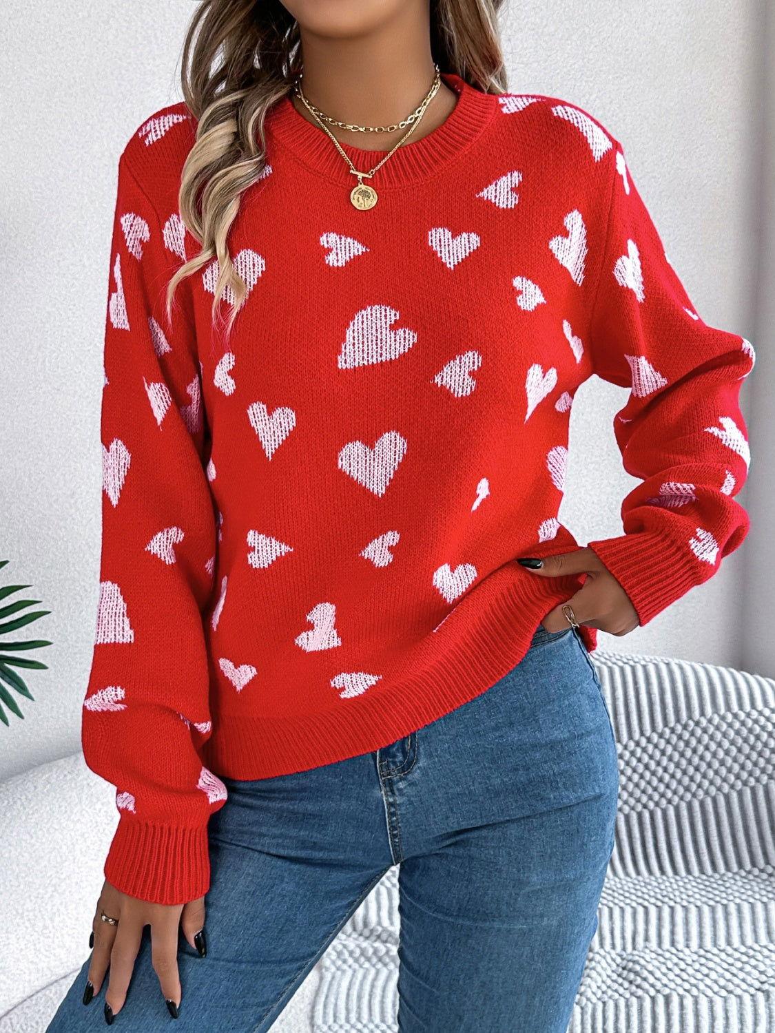 Heart Round Neck Long Sleeve Sweater - Clothes For Her Online Store