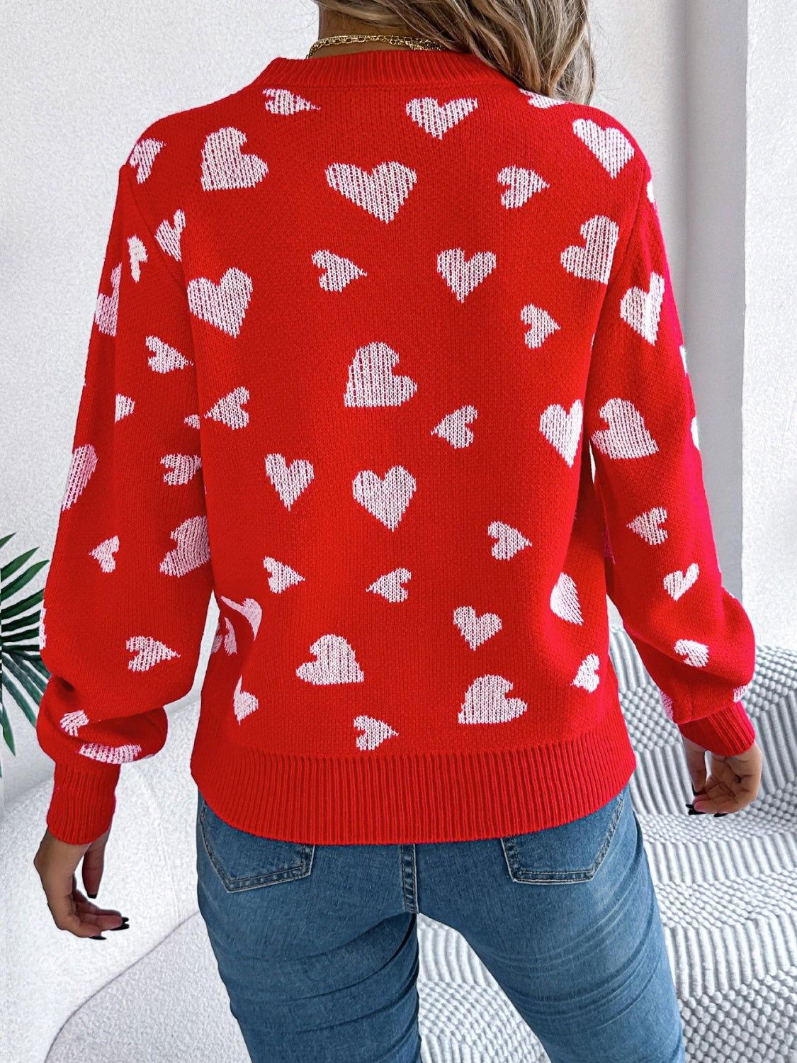 Heart Round Neck Long Sleeve Sweater - Clothes For Her Online Store