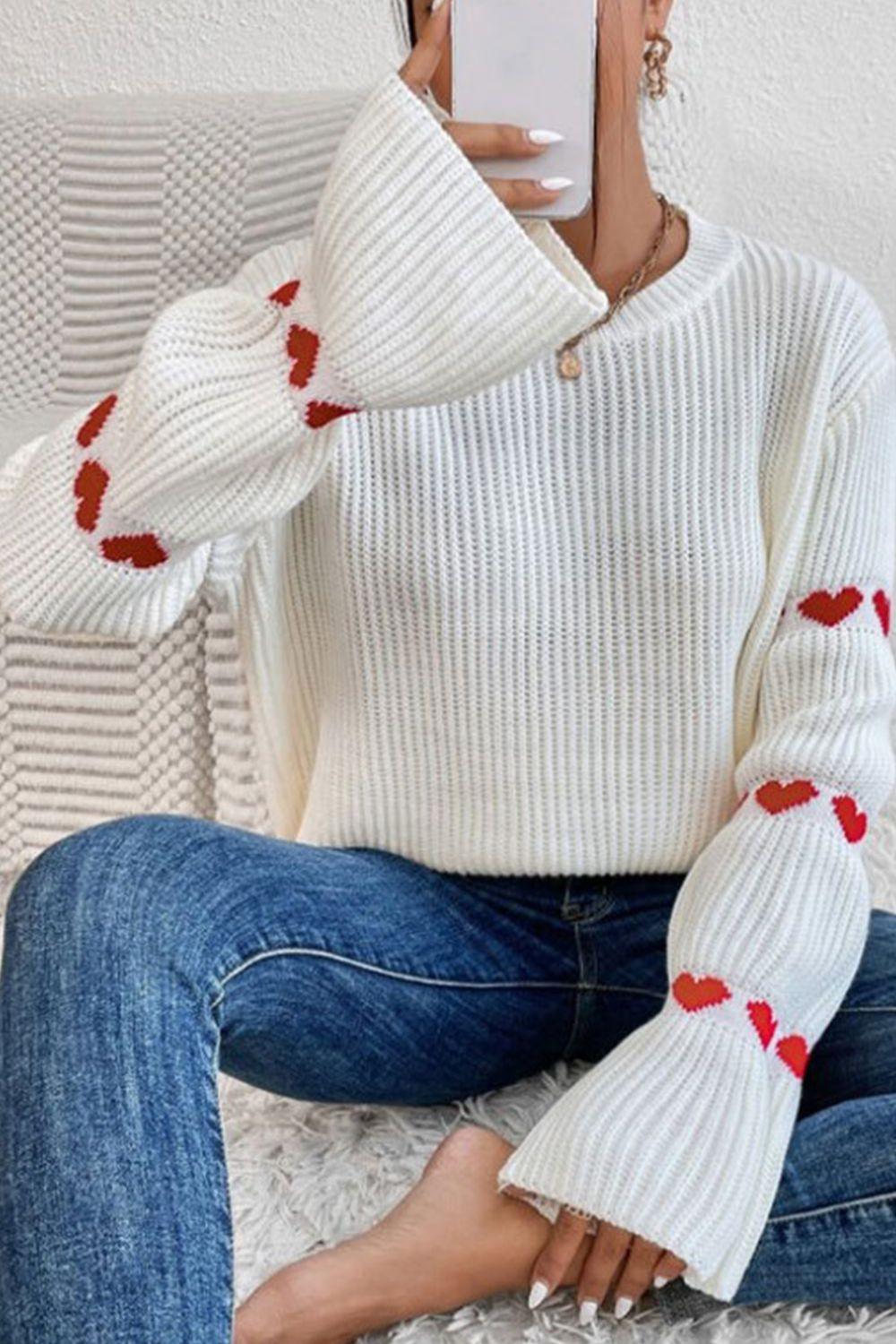 Heart Round Neck Long Sleeve Sweater - Clothes For Her Online Store