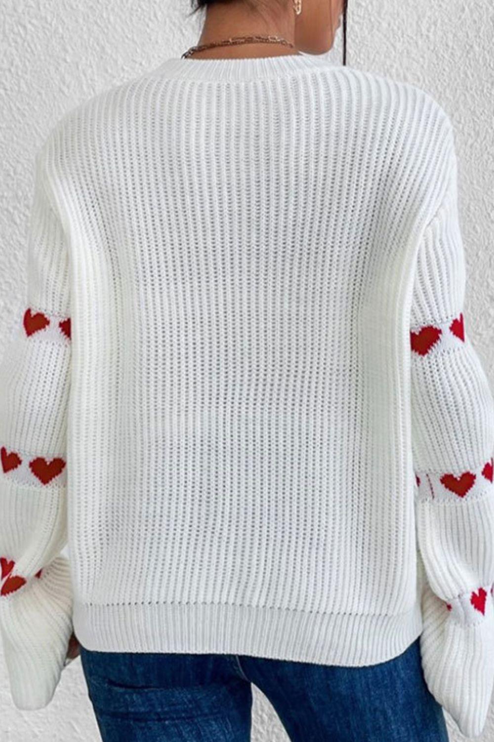 Heart Round Neck Long Sleeve Sweater - Clothes For Her Online Store