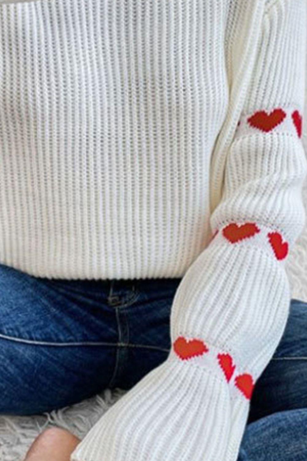 Heart Round Neck Long Sleeve Sweater - Clothes For Her Online Store