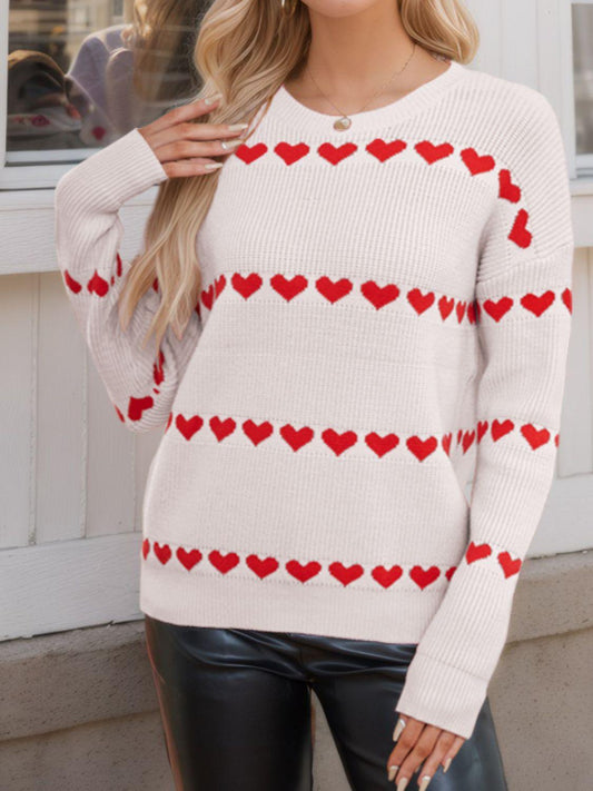 Heart Round Neck Long Sleeve Sweater - Clothes For Her Online Store