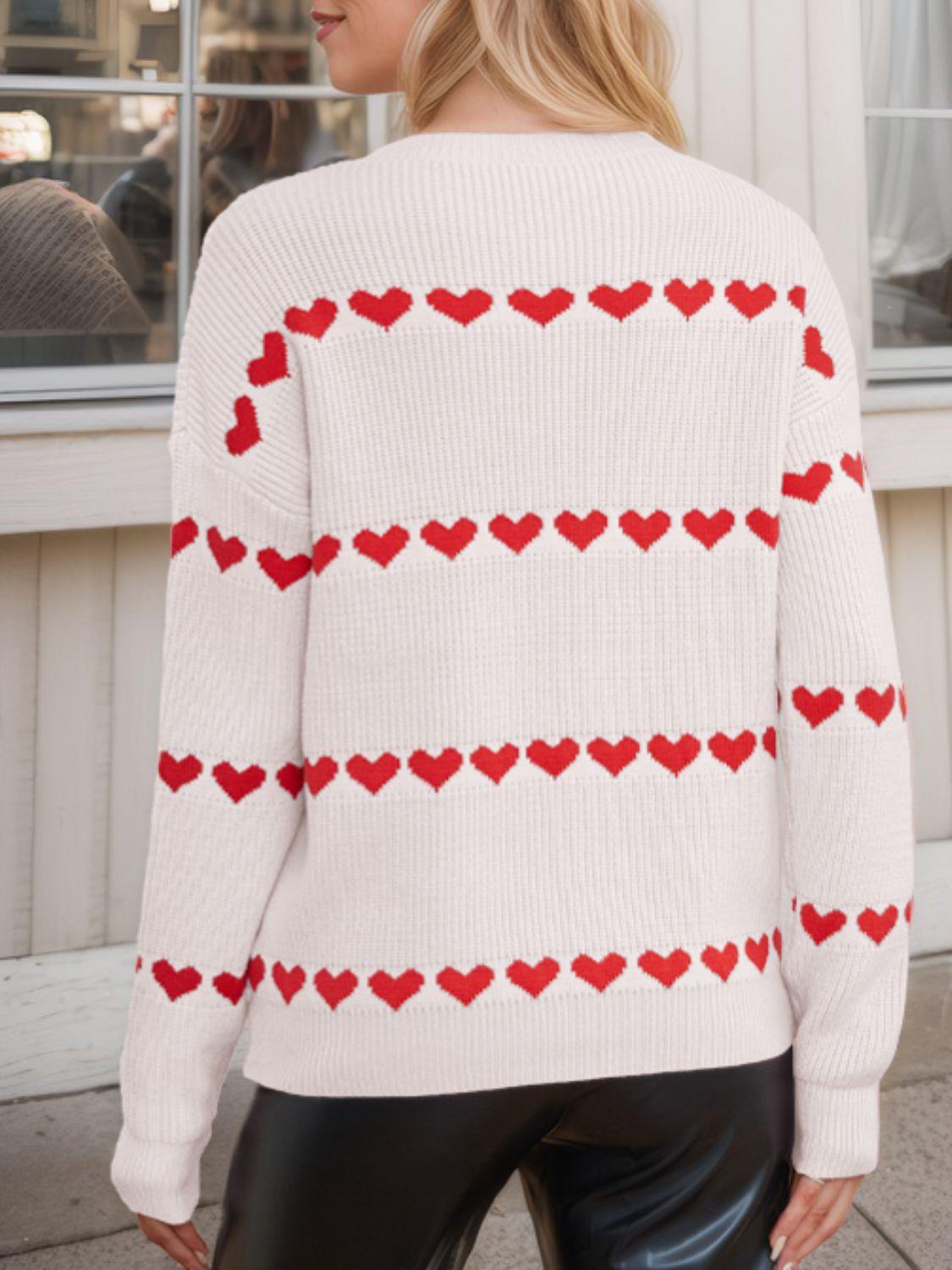 Heart Round Neck Long Sleeve Sweater - Clothes For Her Online Store