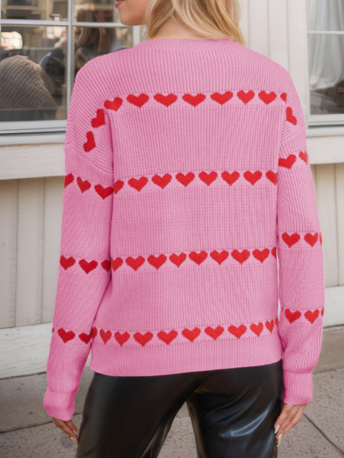 Heart Round Neck Long Sleeve Sweater - Clothes For Her Online Store