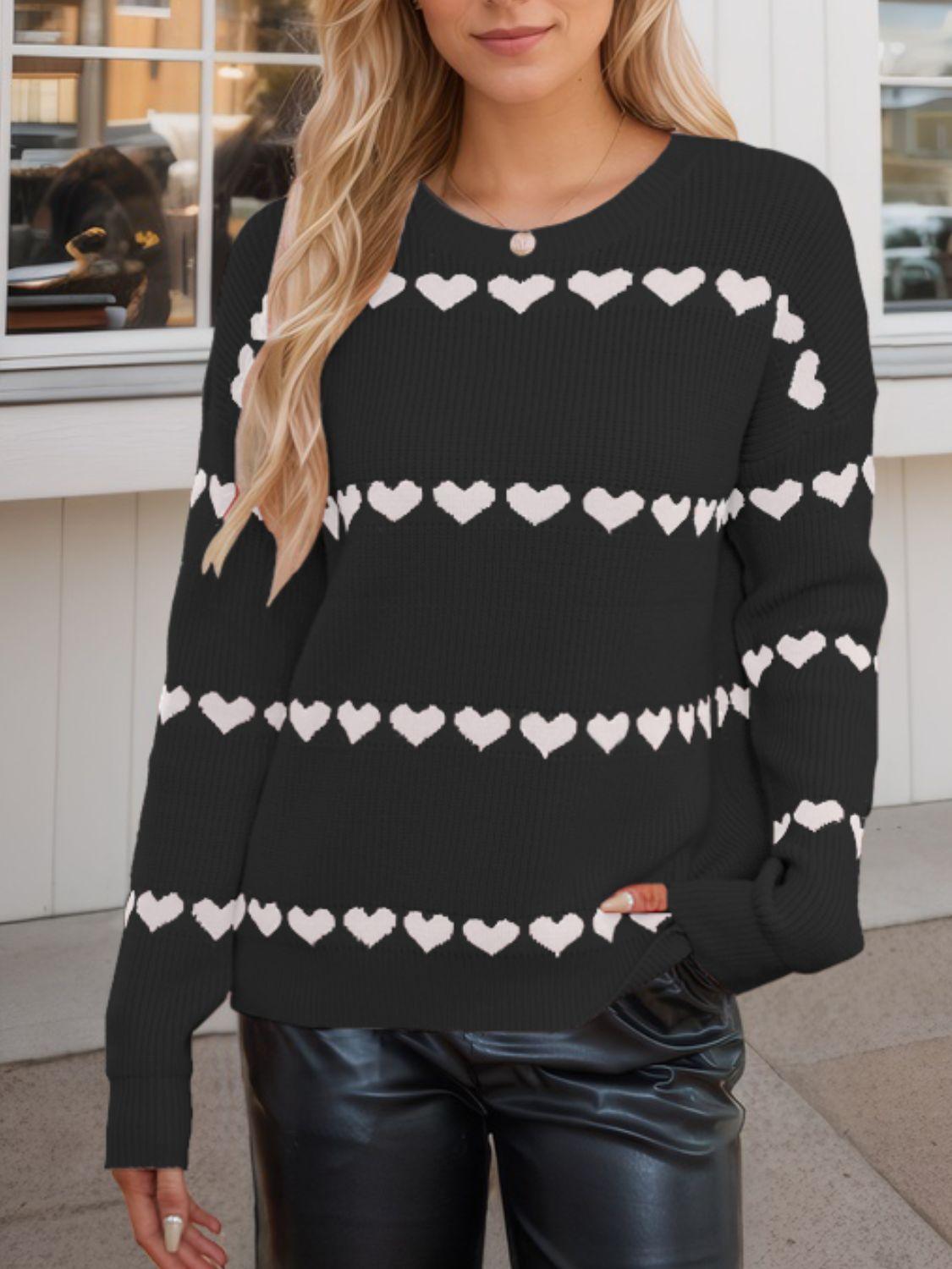 Heart Round Neck Long Sleeve Sweater - Clothes For Her Online Store