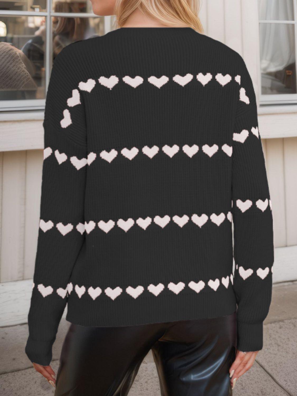 Heart Round Neck Long Sleeve Sweater - Clothes For Her Online Store