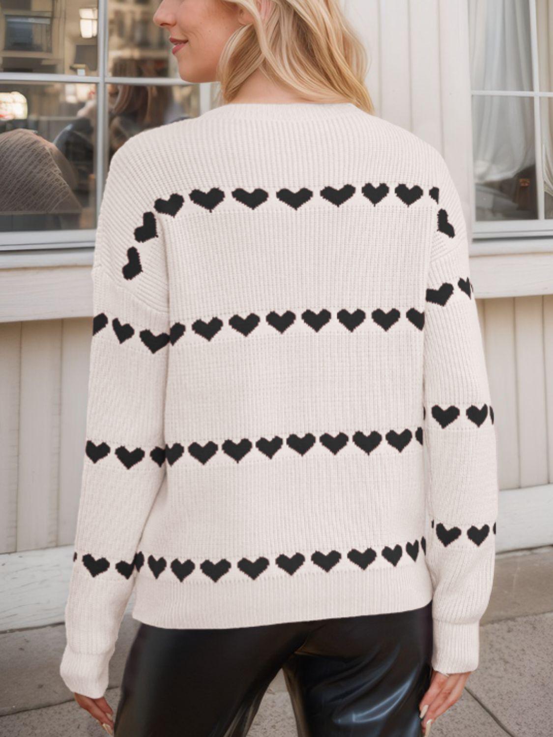 Heart Round Neck Long Sleeve Sweater - Clothes For Her Online Store