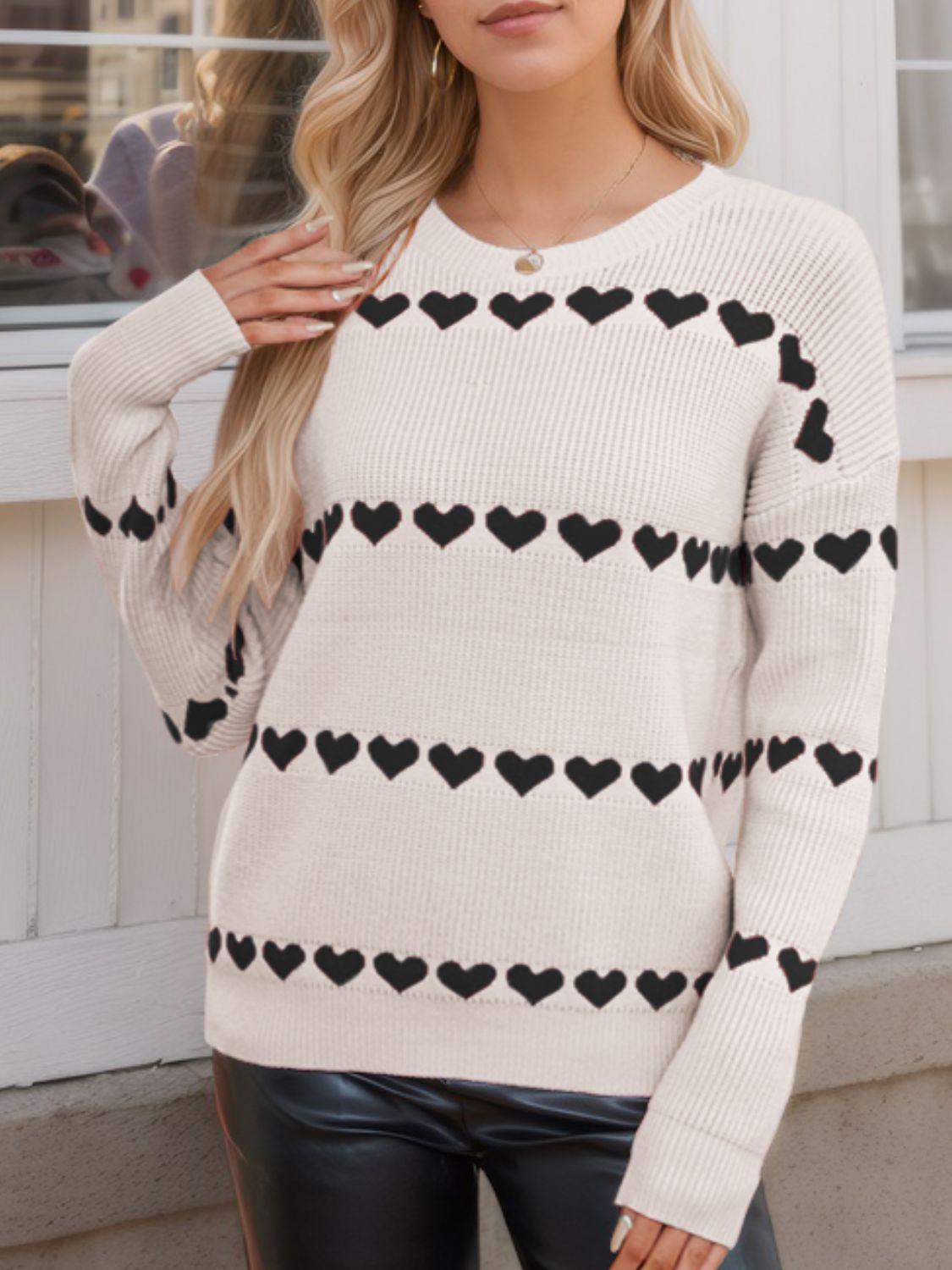 Heart Round Neck Long Sleeve Sweater - Clothes For Her Online Store