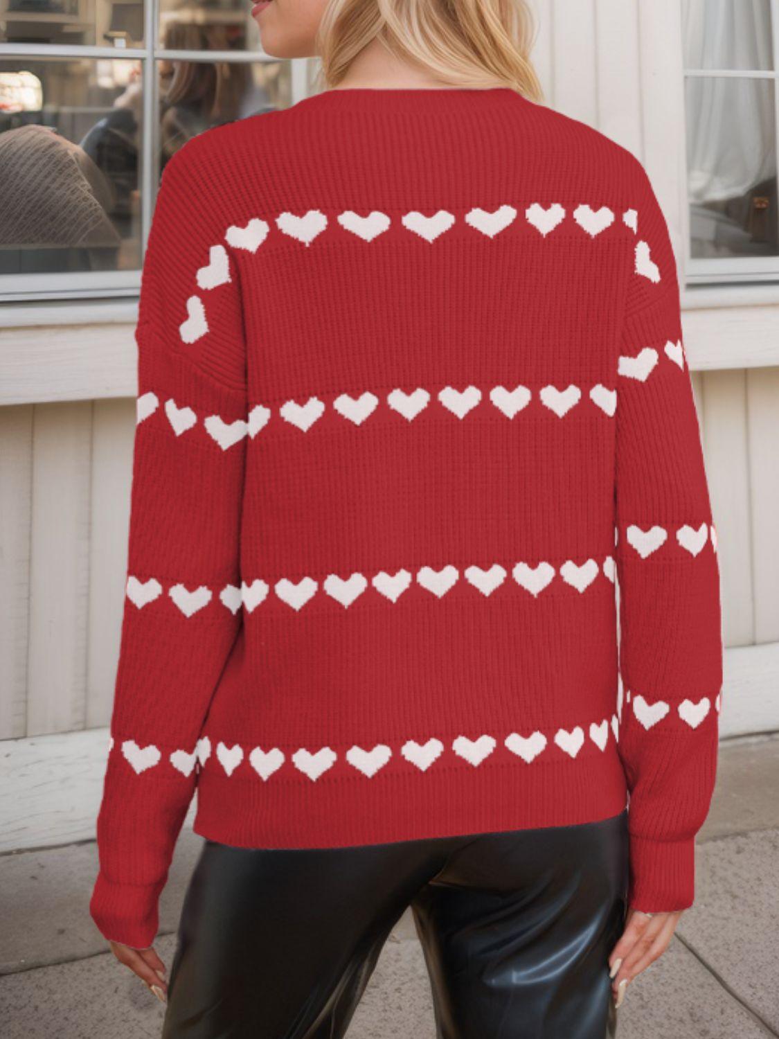 Heart Round Neck Long Sleeve Sweater - Clothes For Her Online Store