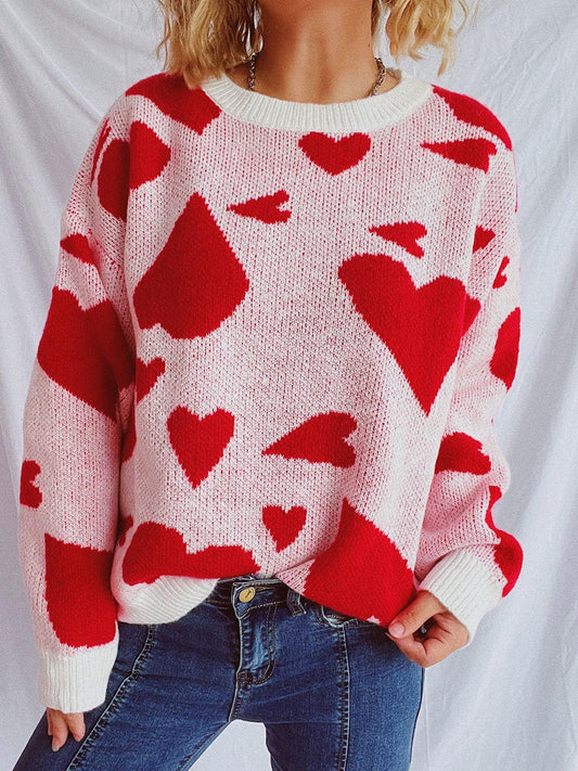 Heart Round Neck Long Sleeve Sweater - Clothes For Her Online Store