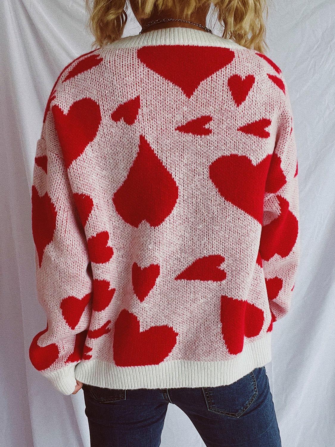Heart Round Neck Long Sleeve Sweater - Clothes For Her Online Store