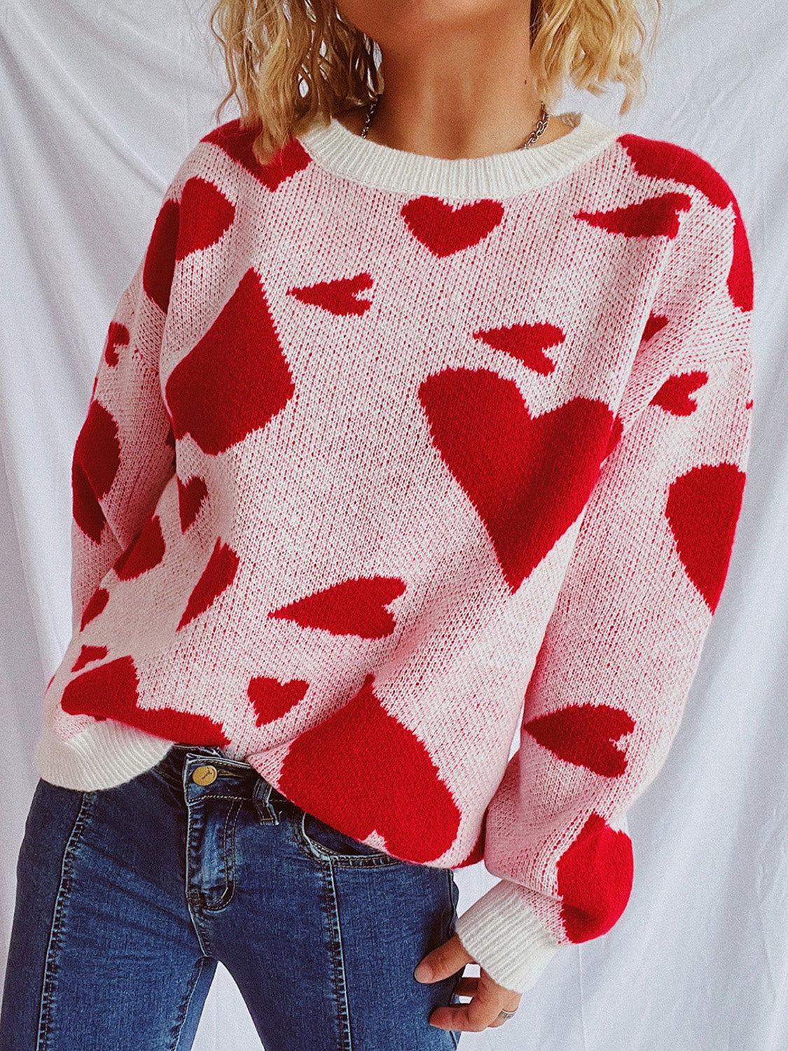 Heart Round Neck Long Sleeve Sweater - Clothes For Her Online Store
