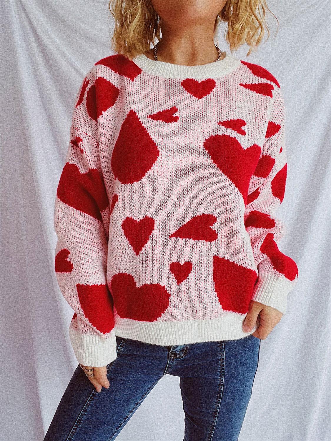 Heart Round Neck Long Sleeve Sweater - Clothes For Her Online Store