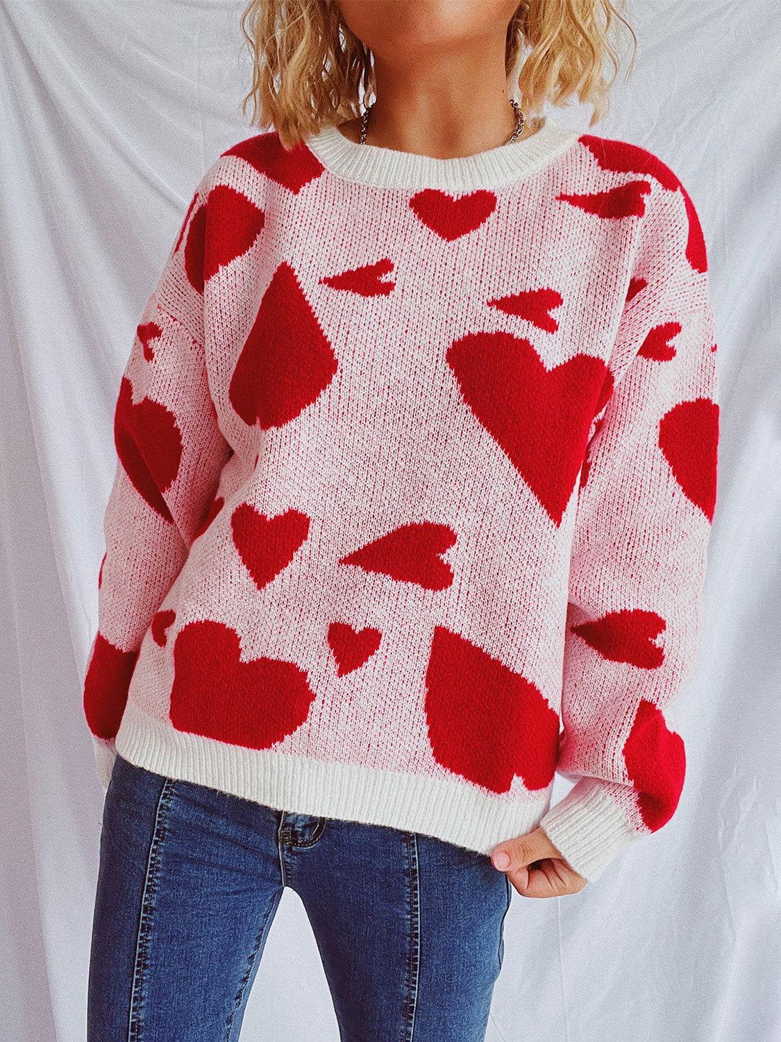 Heart Round Neck Long Sleeve Sweater - Clothes For Her Online Store