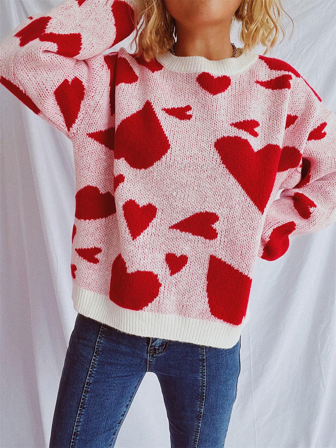 Heart Round Neck Long Sleeve Sweater - Clothes For Her Online Store