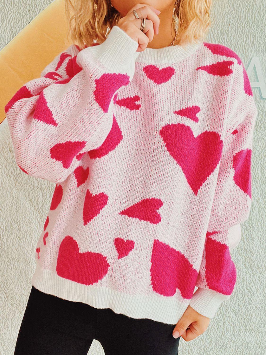 Heart Round Neck Long Sleeve Sweater - Clothes For Her Online Store