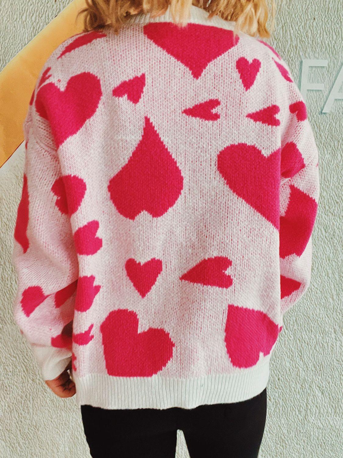 Heart Round Neck Long Sleeve Sweater - Clothes For Her Online Store
