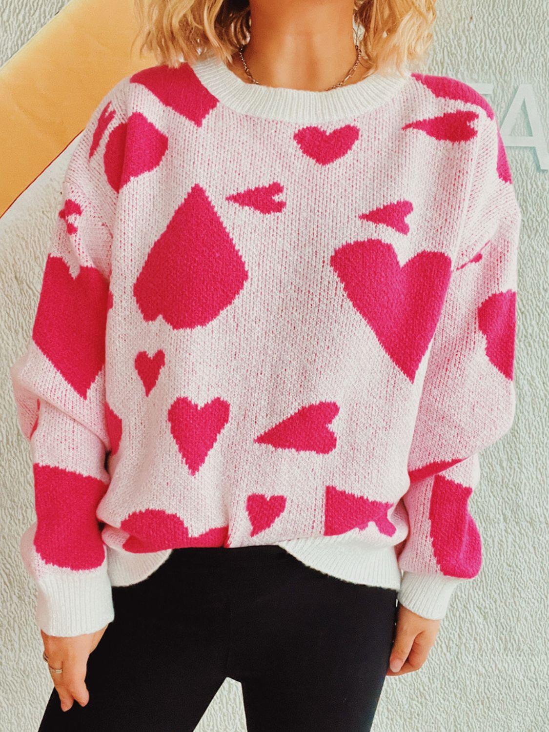 Heart Round Neck Long Sleeve Sweater - Clothes For Her Online Store