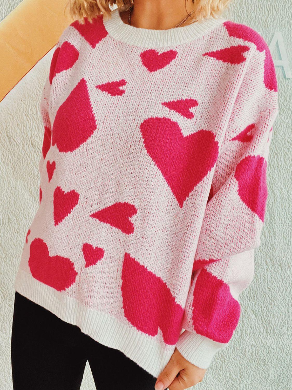 Heart Round Neck Long Sleeve Sweater - Clothes For Her Online Store