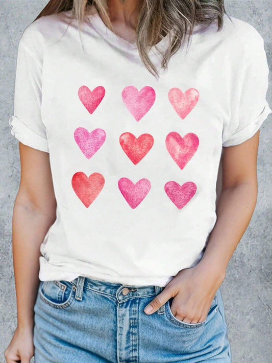 Heart Round Neck Short Sleeve T-Shirt - Clothes For Her Online Store
