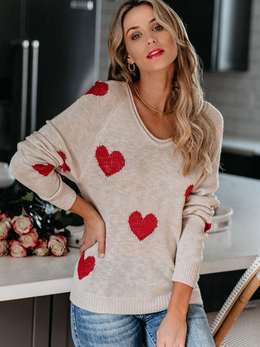 Heart Scoop Neck Long Sleeve Sweater - Clothes For Her Online Store