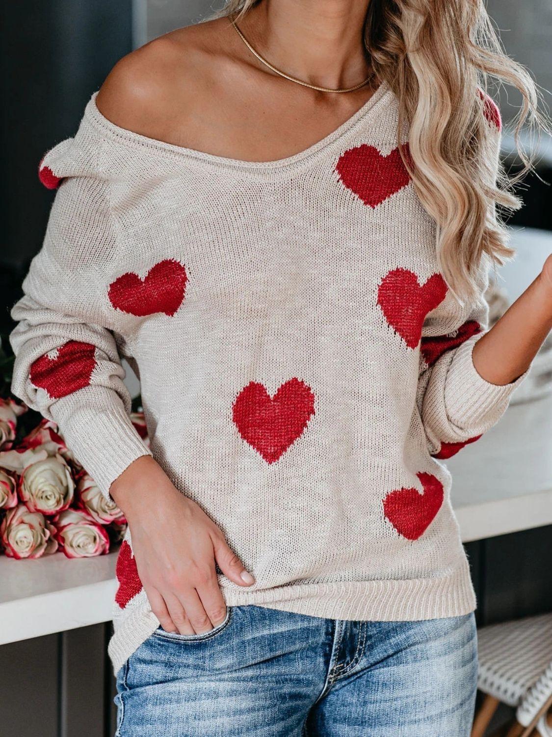 Heart Scoop Neck Long Sleeve Sweater - Clothes For Her Online Store