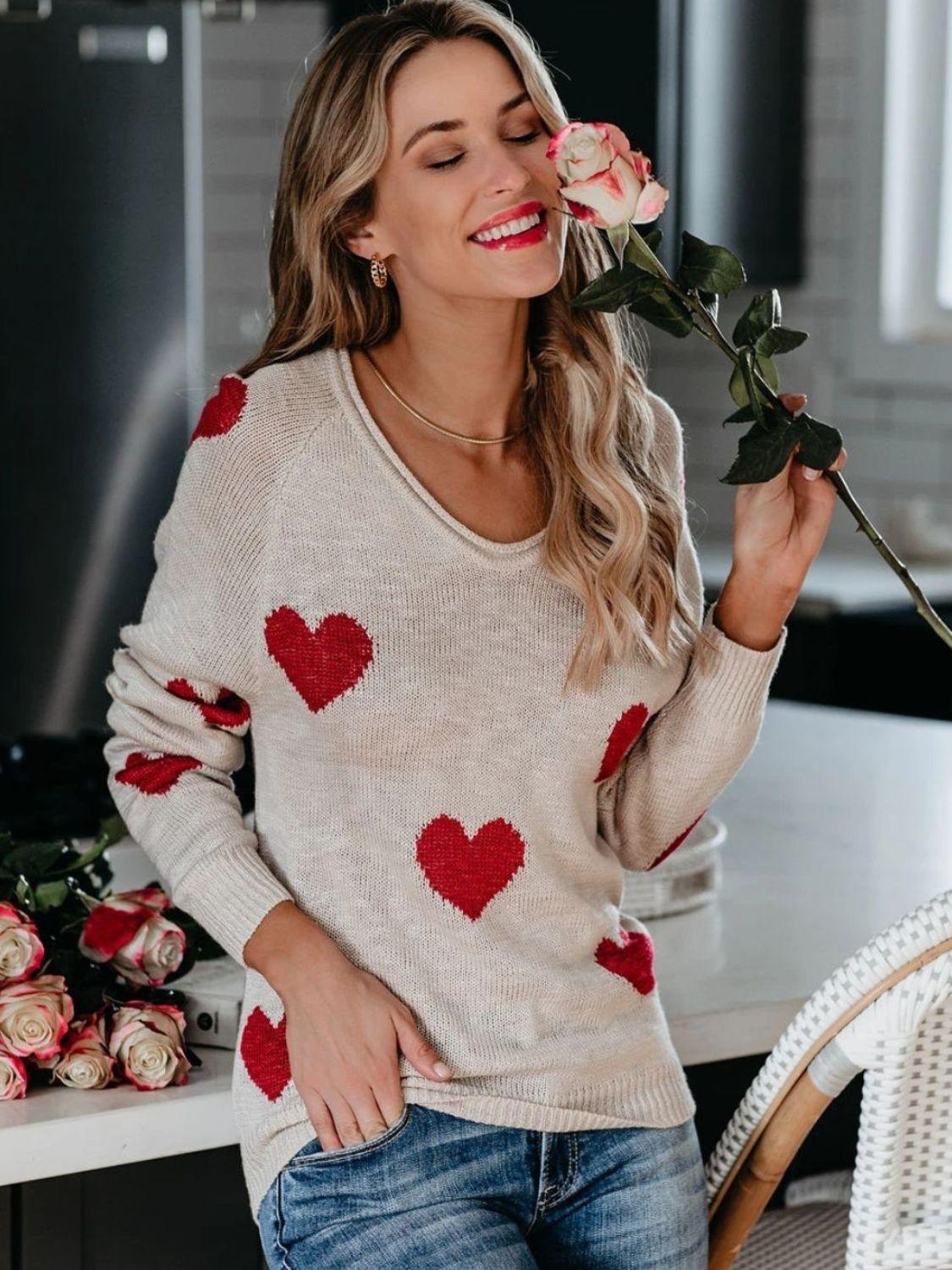 Heart Scoop Neck Long Sleeve Sweater - Clothes For Her Online Store