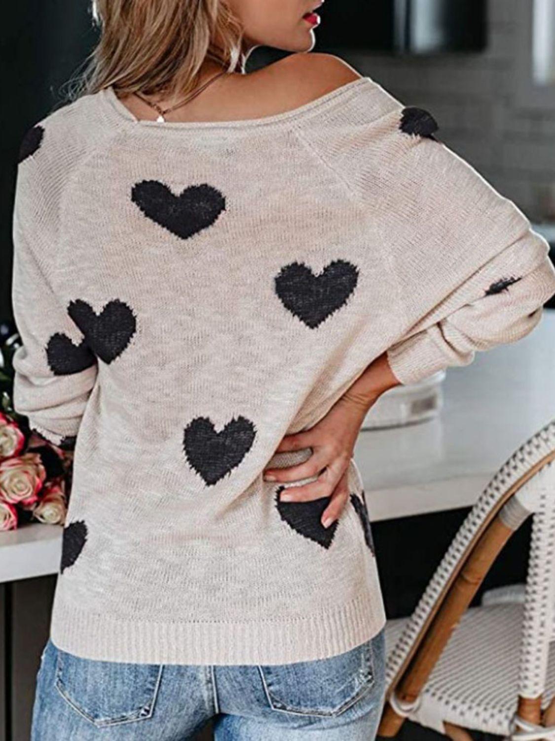 Heart Scoop Neck Long Sleeve Sweater - Clothes For Her Online Store