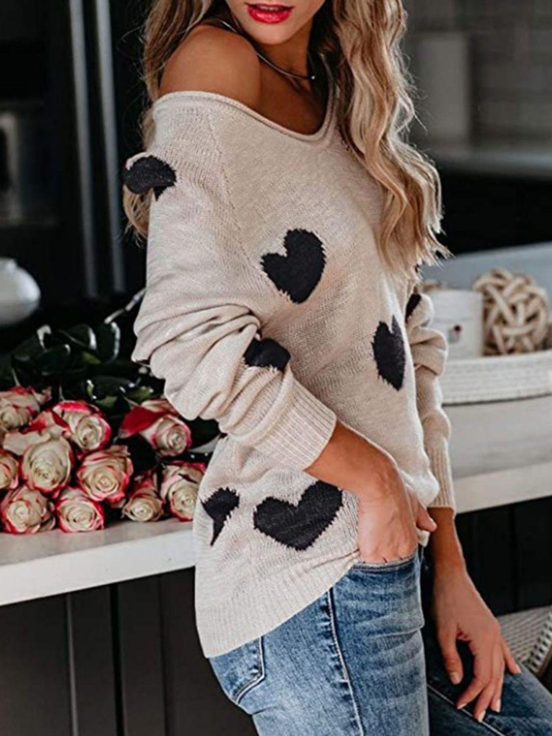 Heart Scoop Neck Long Sleeve Sweater - Clothes For Her Online Store