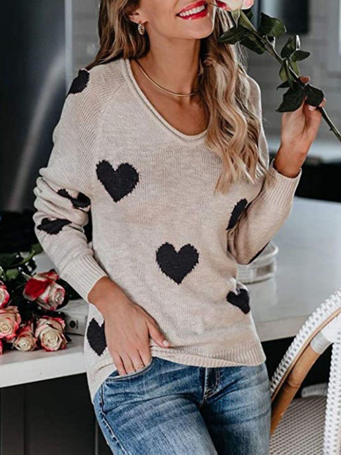 Heart Scoop Neck Long Sleeve Sweater - Clothes For Her Online Store