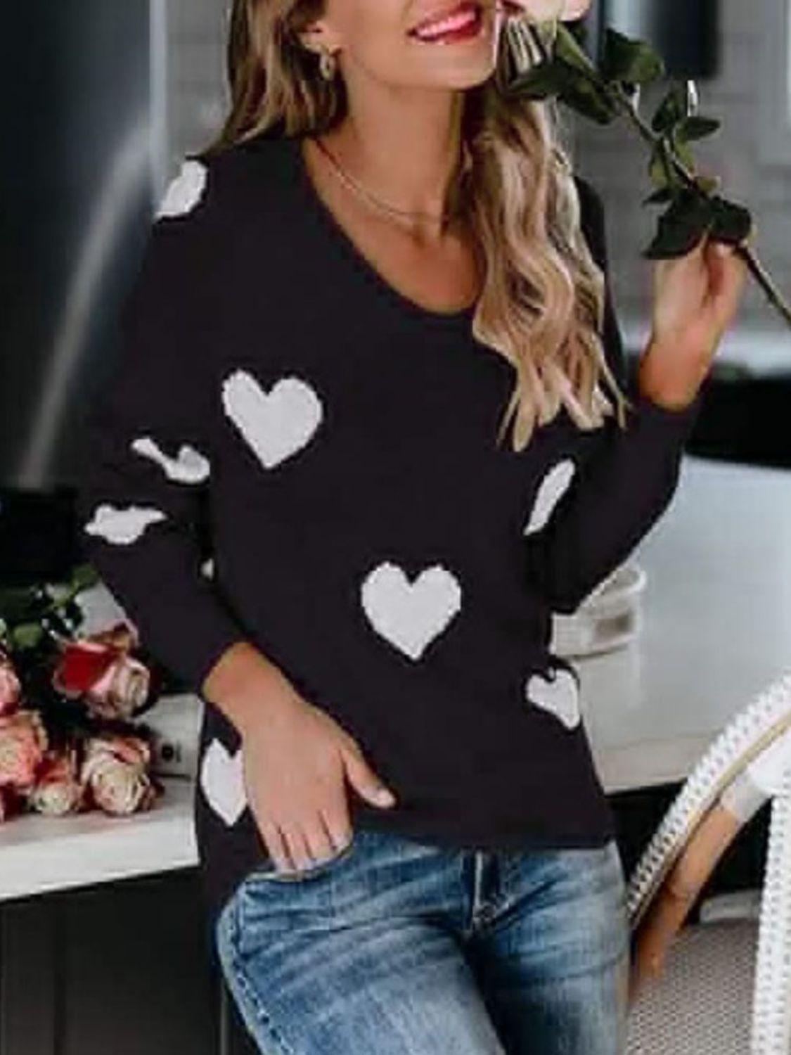 Heart Scoop Neck Long Sleeve Sweater - Clothes For Her Online Store