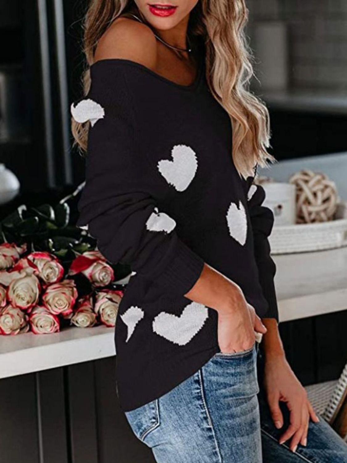 Heart Scoop Neck Long Sleeve Sweater - Clothes For Her Online Store