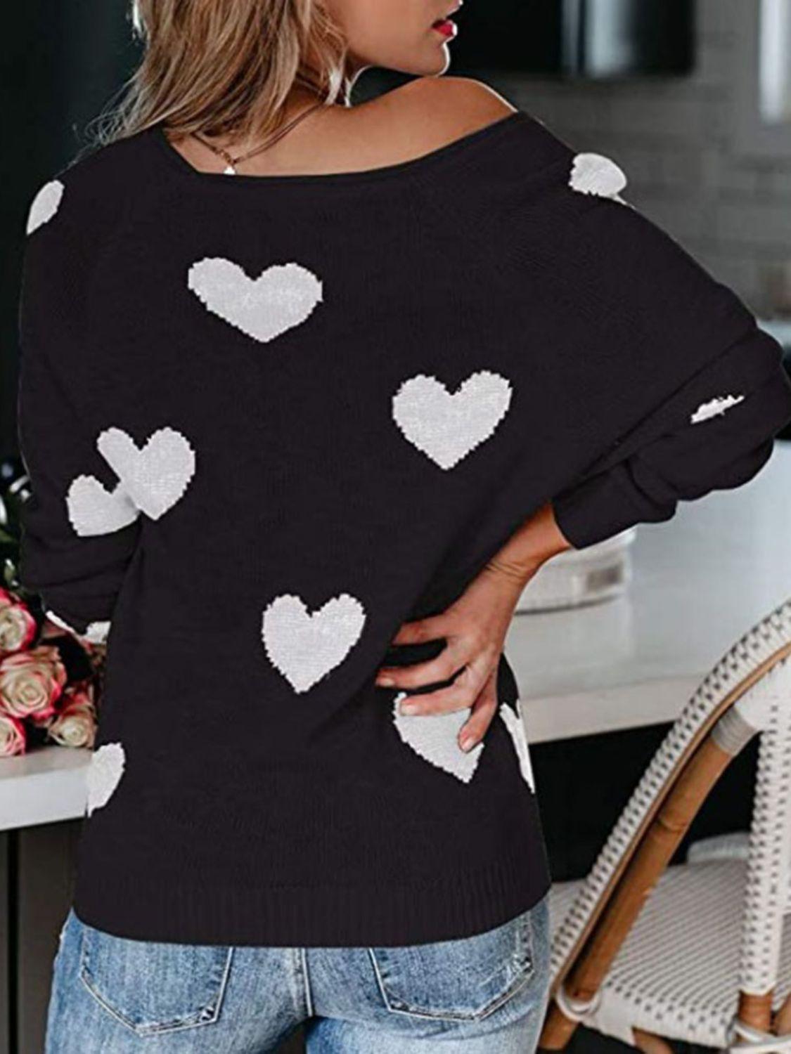 Heart Scoop Neck Long Sleeve Sweater - Clothes For Her Online Store