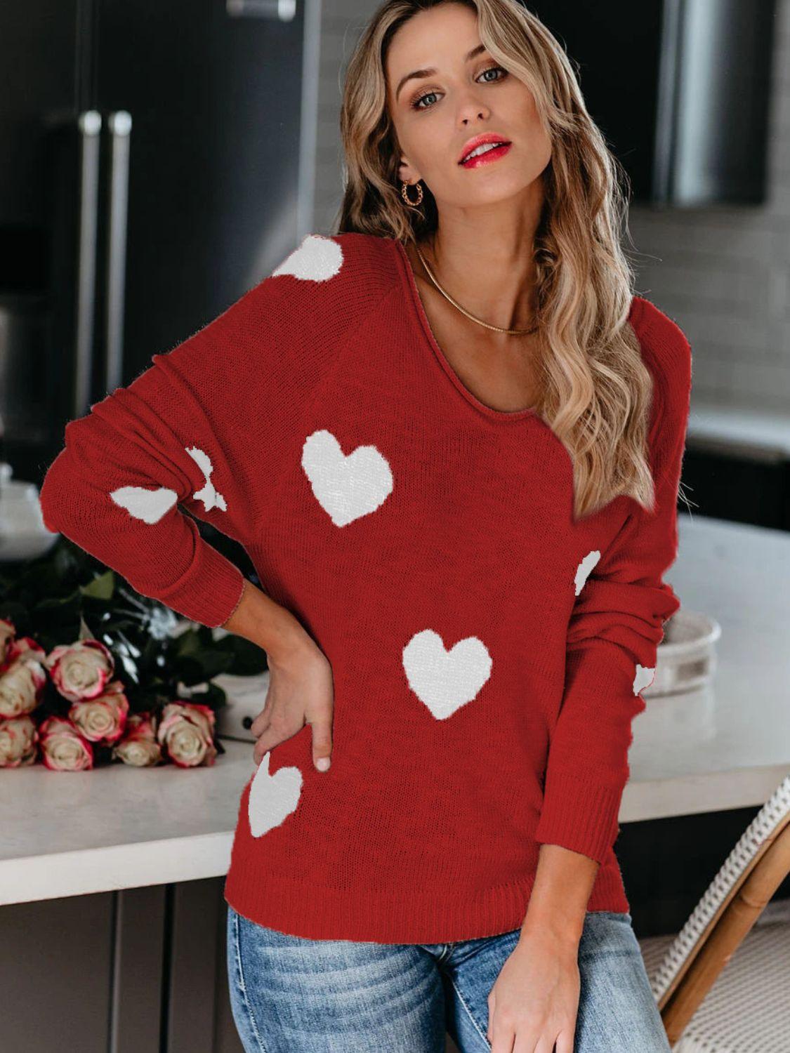 Heart Scoop Neck Long Sleeve Sweater - Clothes For Her Online Store