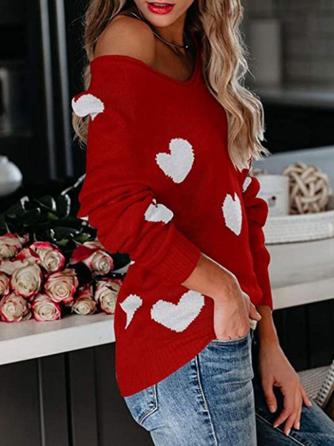 Heart Scoop Neck Long Sleeve Sweater - Clothes For Her Online Store