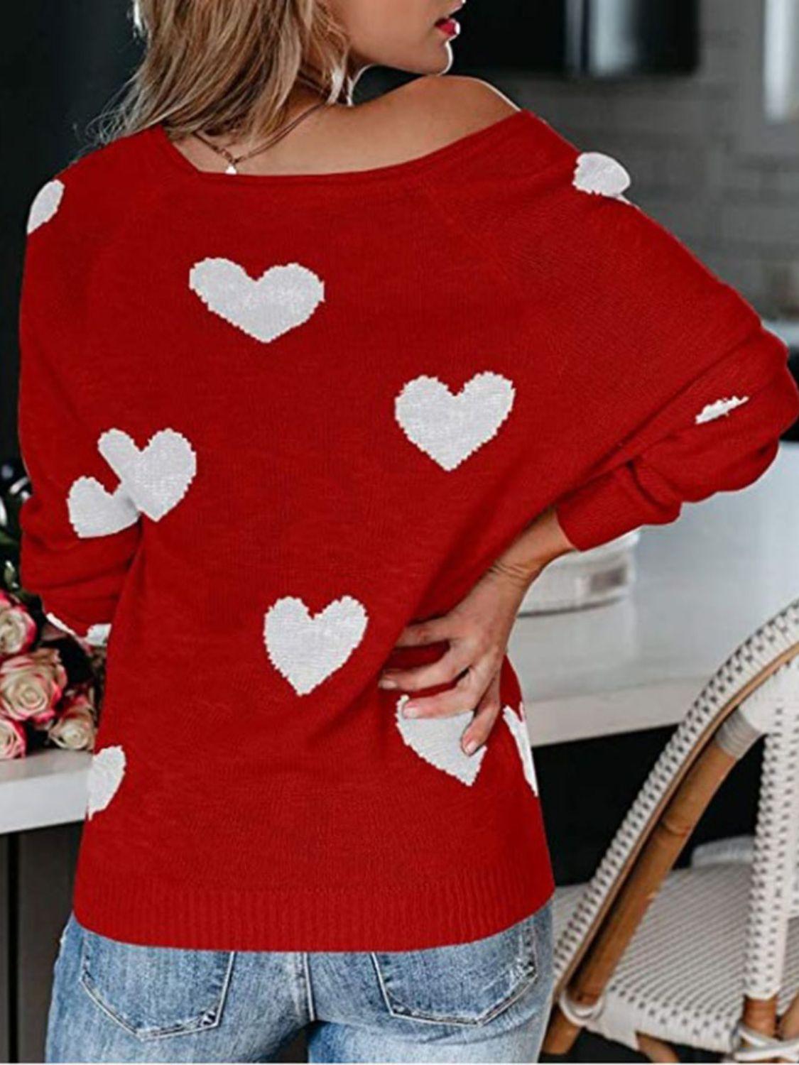 Heart Scoop Neck Long Sleeve Sweater - Clothes For Her Online Store