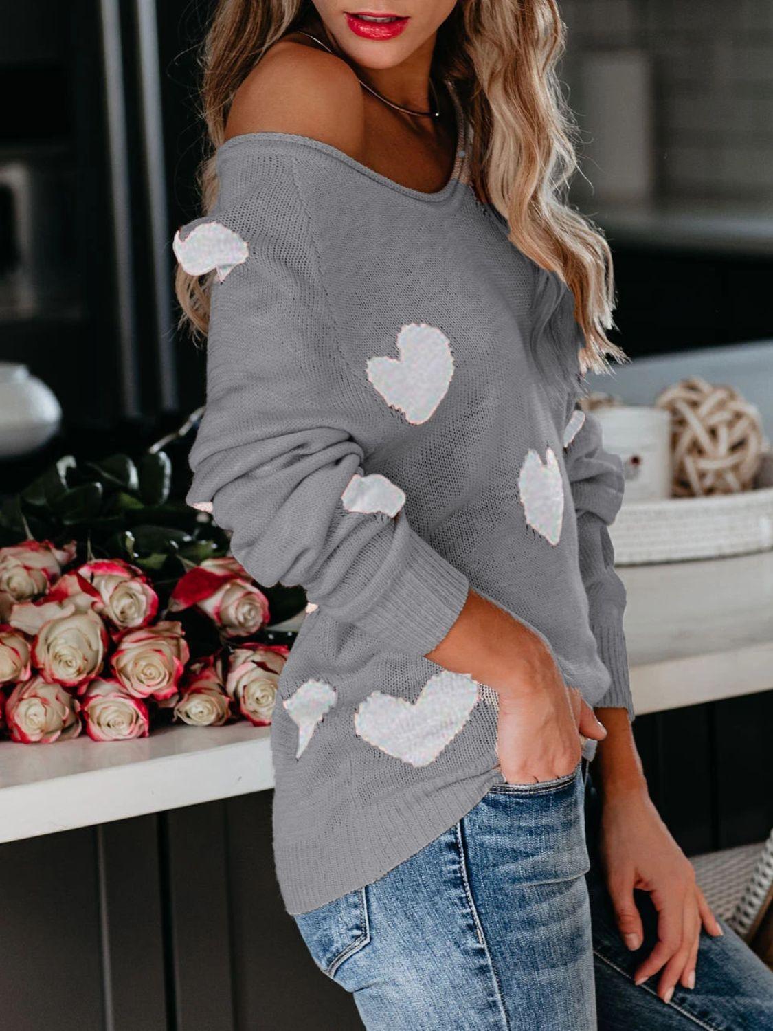 Heart Scoop Neck Long Sleeve Sweater - Clothes For Her Online Store