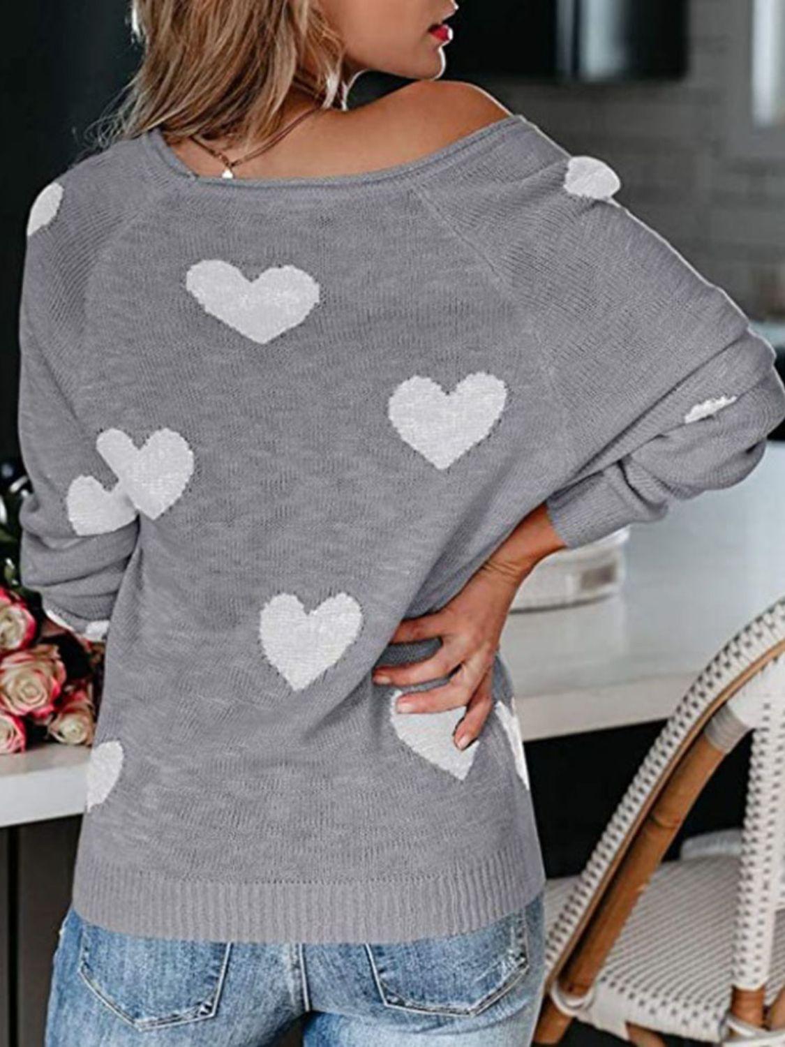 Heart Scoop Neck Long Sleeve Sweater - Clothes For Her Online Store